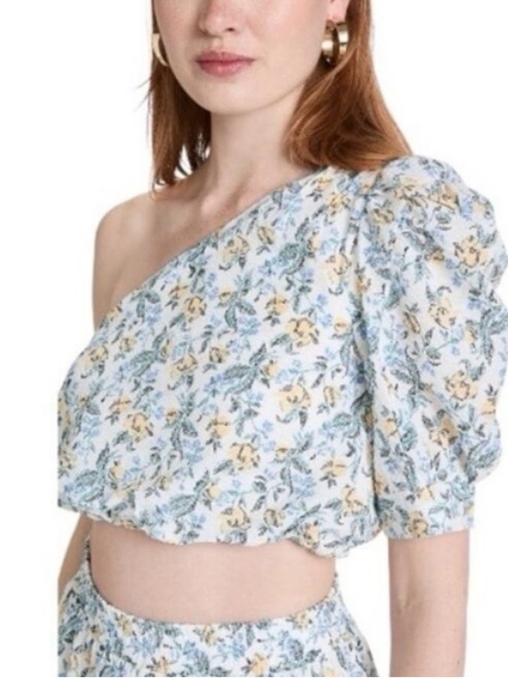 En Saison Blue and Yellow Floral One-Shoulder Blouse